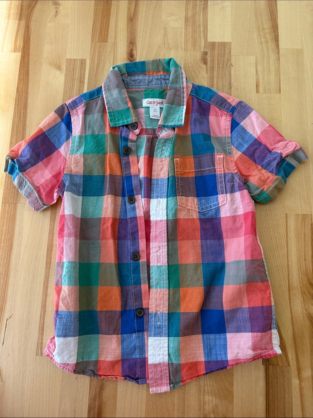 Cat & Jack Pink, Blue, Green & Orange Plaid Short-Sleeve Button-Down Shirt